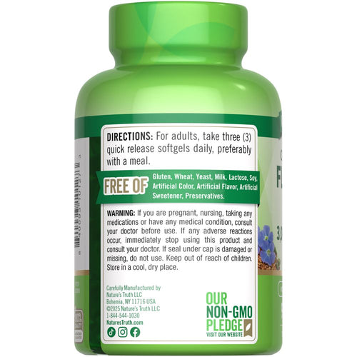 Flaxseed Oil 3000 mg quick release softgel bottle shown on a hand scale.