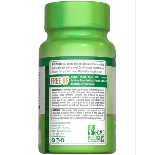 NT A Softgels bottle back label. FREE OF: Gluten, Wheat, Yeast, Milk, Lactose, Artificial Color/Flavor/Sweetener/Preservatives.