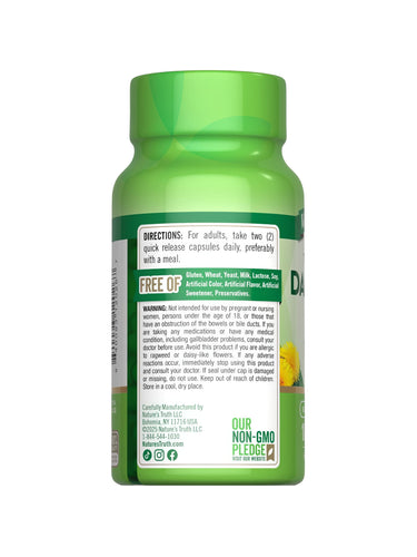 Bottle of Dandelion Root 1800 mg with 100 quick release capsules displayed on a hand scale.