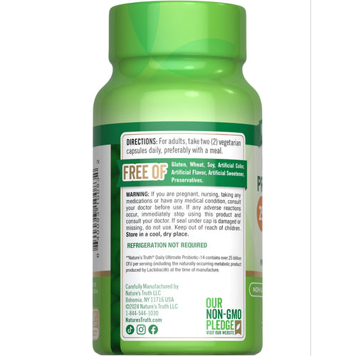 A hand holds a bottle of 60 vegetarian capsules with 25 billion CFU per serving.