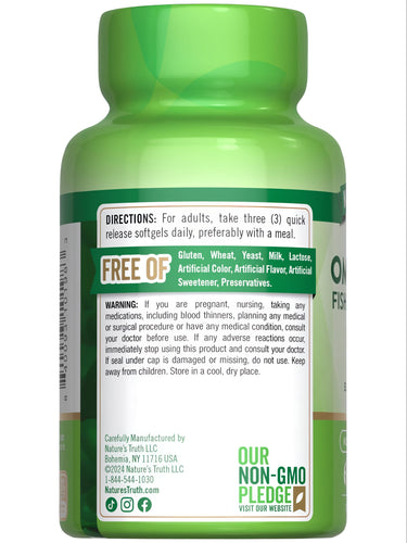Nature's Truth Omega 369 Fish, Flax, and Borage 60 softgels presented in a hand, showing supplement packaging.