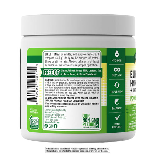 Hand holding NT Electrolyte Hydration Powder package, 4.3oz (122g), showing product size and packaging detail for scale.