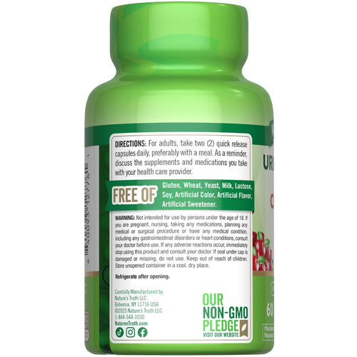 NT Urinary Tract Complex capsules bottle label showing directions and 'FREE OF Gluten, Wheat, Milk, Lactose, Soy, Artificial Color/Flavor/Sweetener'.