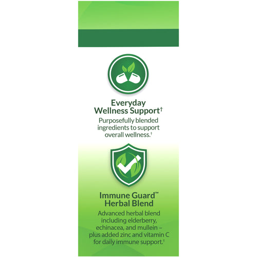 Product highlights graphic stating Everyday Wellness Support, Immune Guard™ with elderberry, echinacea, mullein, zinc, Vitamin C.