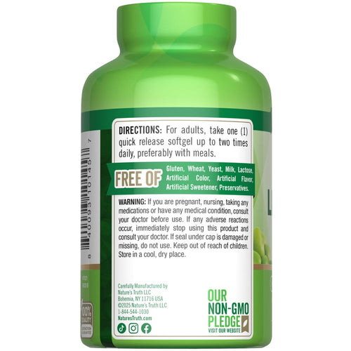 Hand holding NT Lecithin 1200 mg quick release softgels, showing product size for supplement consumers.