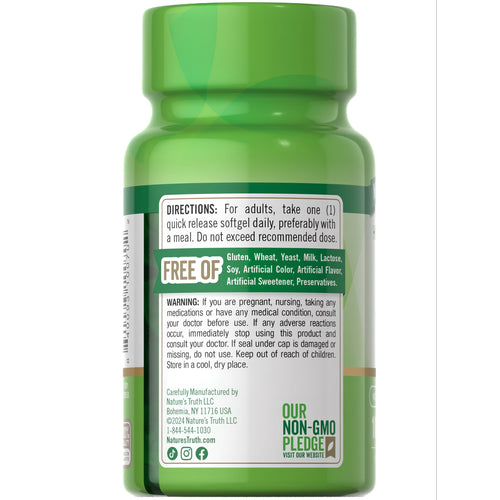 Back of NT D3 10,000 IU (250 mcg) 100 Softgels bottle showing directions, 'Free Of' claims, warnings, and Non-GMO Pledge.