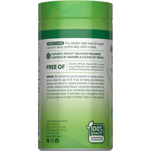 Ashwagandha + Magnesium bottle with icons indicating Gluten/Wheat Free, Yeast Free, Milk/Lactose Free, and No Artificial Additives.
