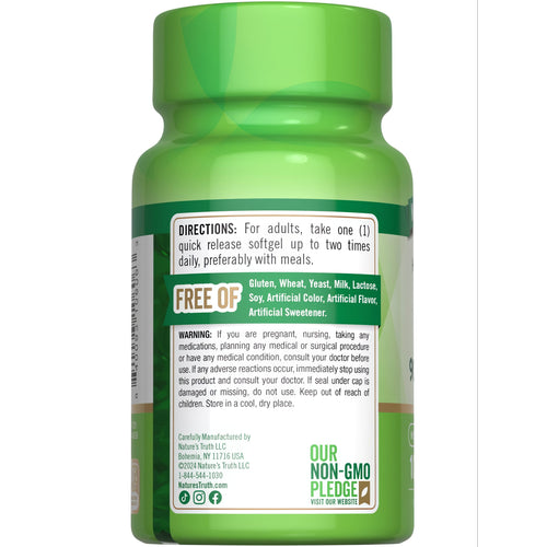 Label for NT E 200 IU (90mg) dL-Alpha with 100 softgels and dosage instructions for one quick release softgel.