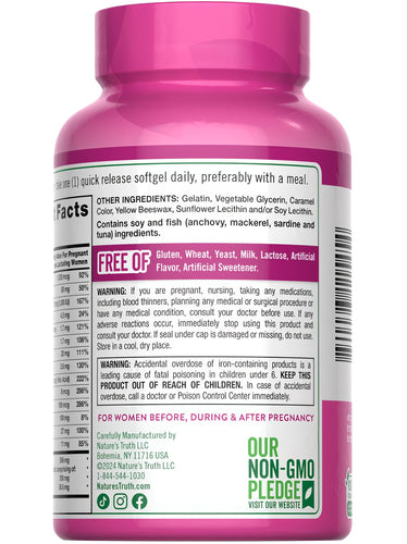 A hand holding a bottle of NT Prenatal Multi + DHA 120 Softgels scales the size, emphasizing its compact and portable design.