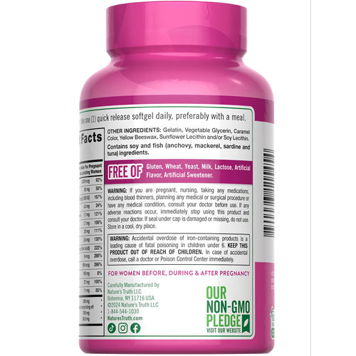 A hand holding a bottle of NT Prenatal Multi + DHA 120 Softgels scales the size, emphasizing its compact and portable design.