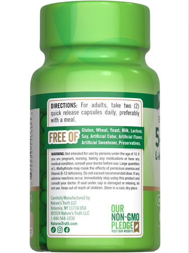 NT L-Methylfolate 15 mg 60 Quick Release Capsules bottle, free of gluten, wheat, yeast, milk, lactose, soy, artificial color, flavor, sweetener.