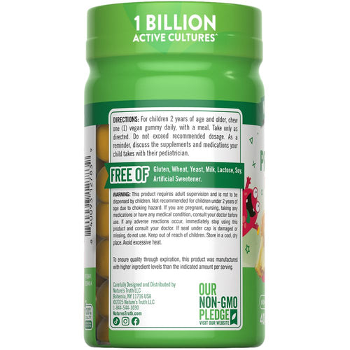 A bottle of Kids Probiotic Gummies with 1 Billion Active Cultures featured on a hand scale for size reference, highlighting its design.