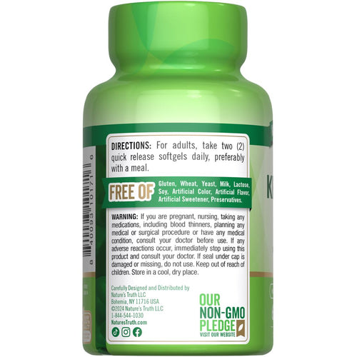 Back label of NT Krill Oil 60 Softgels bottle showing directions and 'FREE OF' claims.