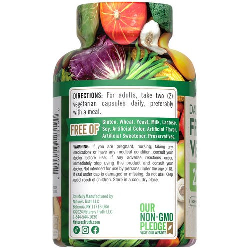 Bottle of Super Fruits and Veggies containing 120 vegetarian capsules, showing front label.