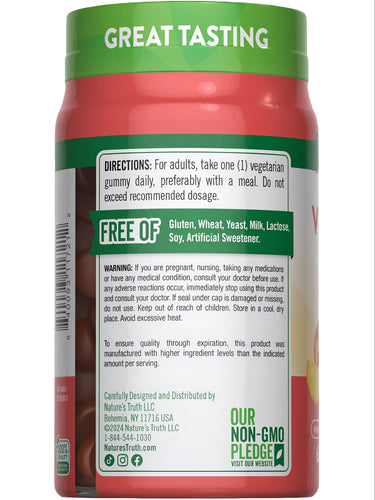 NT D3 5000 IU (125 mcg) gummies bottle back, showing directions for one vegetarian gummy daily.