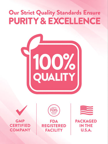 This infographic highlights a 100% quality, GMP certified company with an FDA registered facility, packaged in the USA.