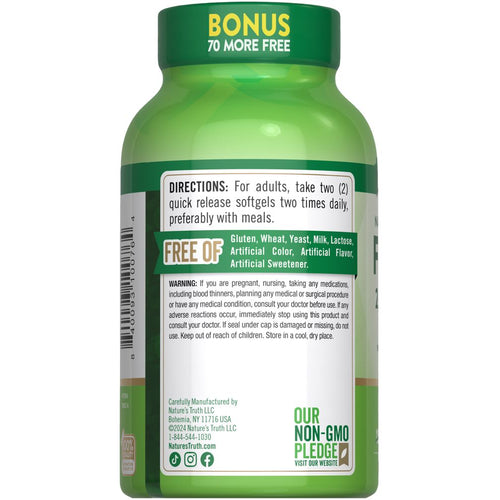 NT Lemon Flavored Fish Oil 2000 mg, 180+70 count, quick release softgels shown on a hand scale.