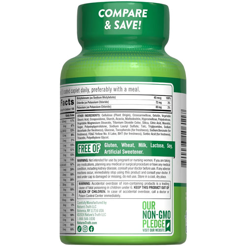 A bottle containing 100 coated caplets of NT ABC Complete Multi is placed on a hand scale for measurement purposes.