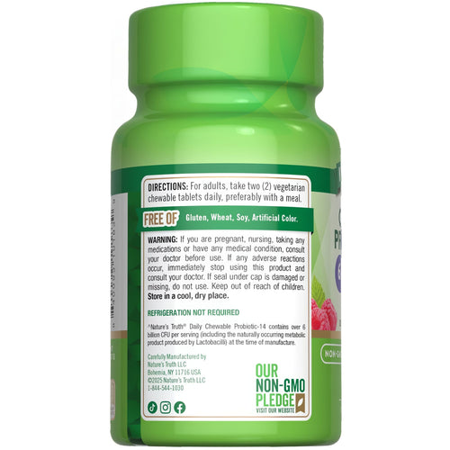 Two vegetarian chewable tablets, providing over 6 billion CFU per serving, displayed on a bulk scale.