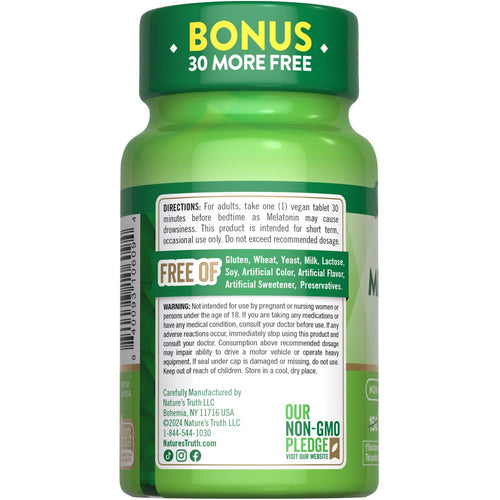Nature's Truth Melatonin 1 mg tablets, 150 count plus 30 bonus, shown on bulk scale.
