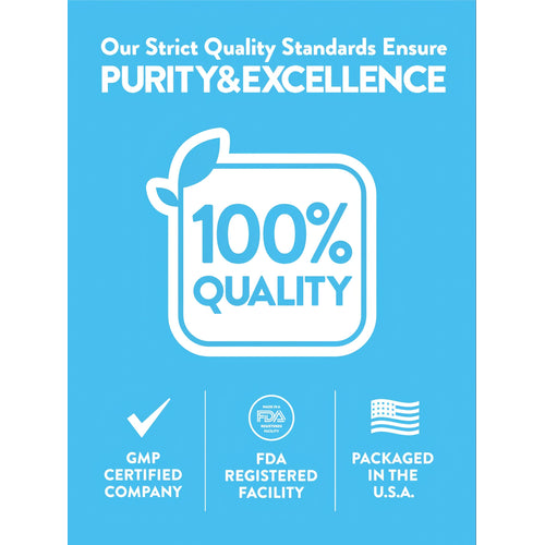 Infographic showing 100% Quality, GMP Certified Company, FDA Registered Facility, packaged in the U.S.A.