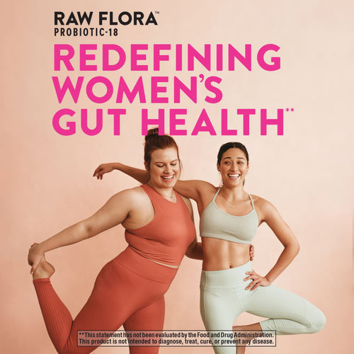 Two smiling women in activewear, one stretching and one standing, promoting Raw Flora Womens Probiotic.