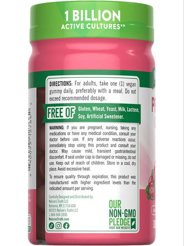 NT Women's Probiotic 30 Gummies bottle, 1 Billion Active Cultures. Vegan, Non-GMO, free of gluten, milk, soy, artificial sweetener.