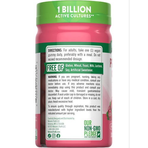 NT Women's Probiotic 30 Gummies bottle, 1 Billion Active Cultures. Vegan, Non-GMO, free of gluten, milk, soy, artificial sweetener.