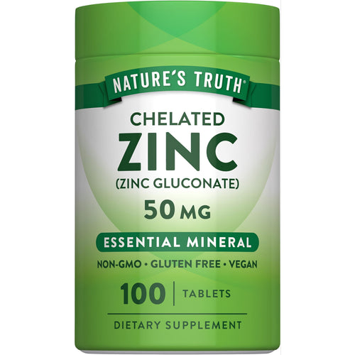 Nature's Truth Chelated Zinc (Zinc Gluconate) 50 mg, Essential Mineral, Non-GMO, Gluten Free, Vegan, 100 Tablets Dietary Supplement.