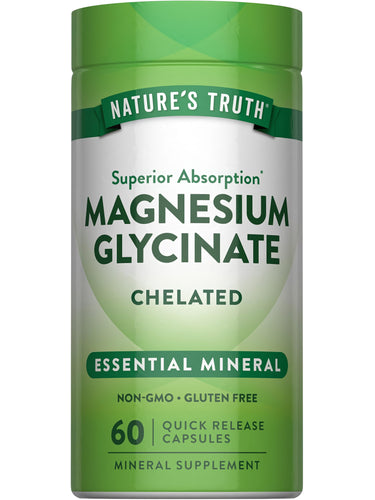 Magnesium Glycinate capsules offering superior absorption; non-GMO, gluten-free, 60 quick-release capsules in a bottle.
