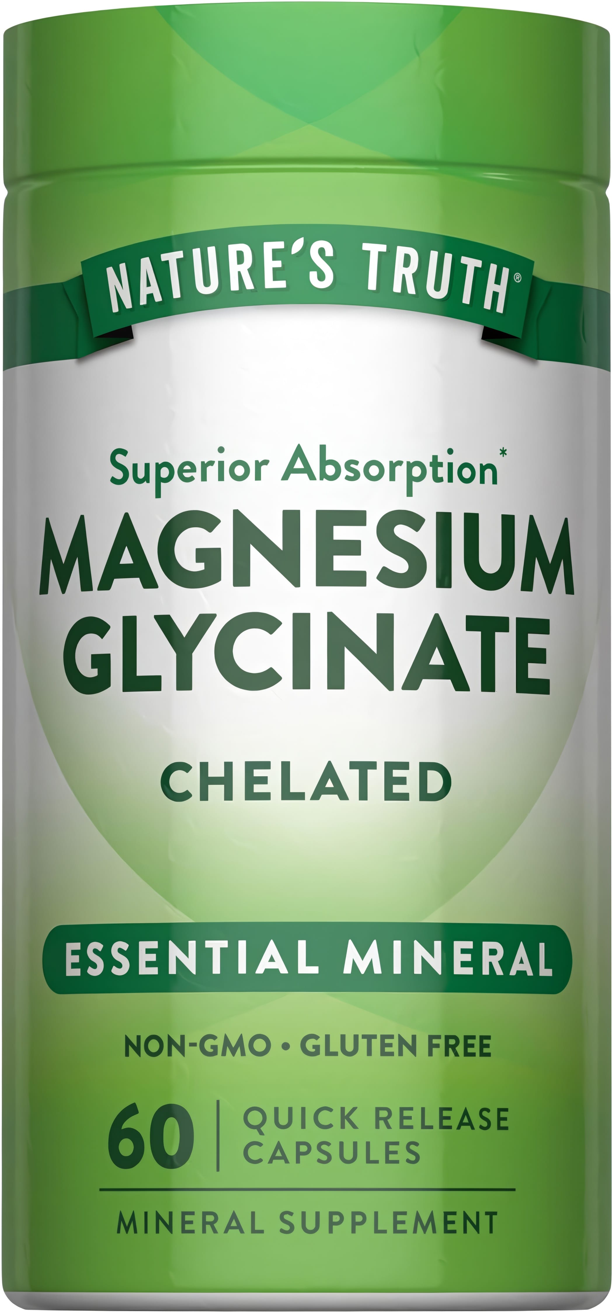 Magnesium Glycinate capsules offering superior absorption; non-GMO, gluten-free, 60 quick-release capsules in a bottle.