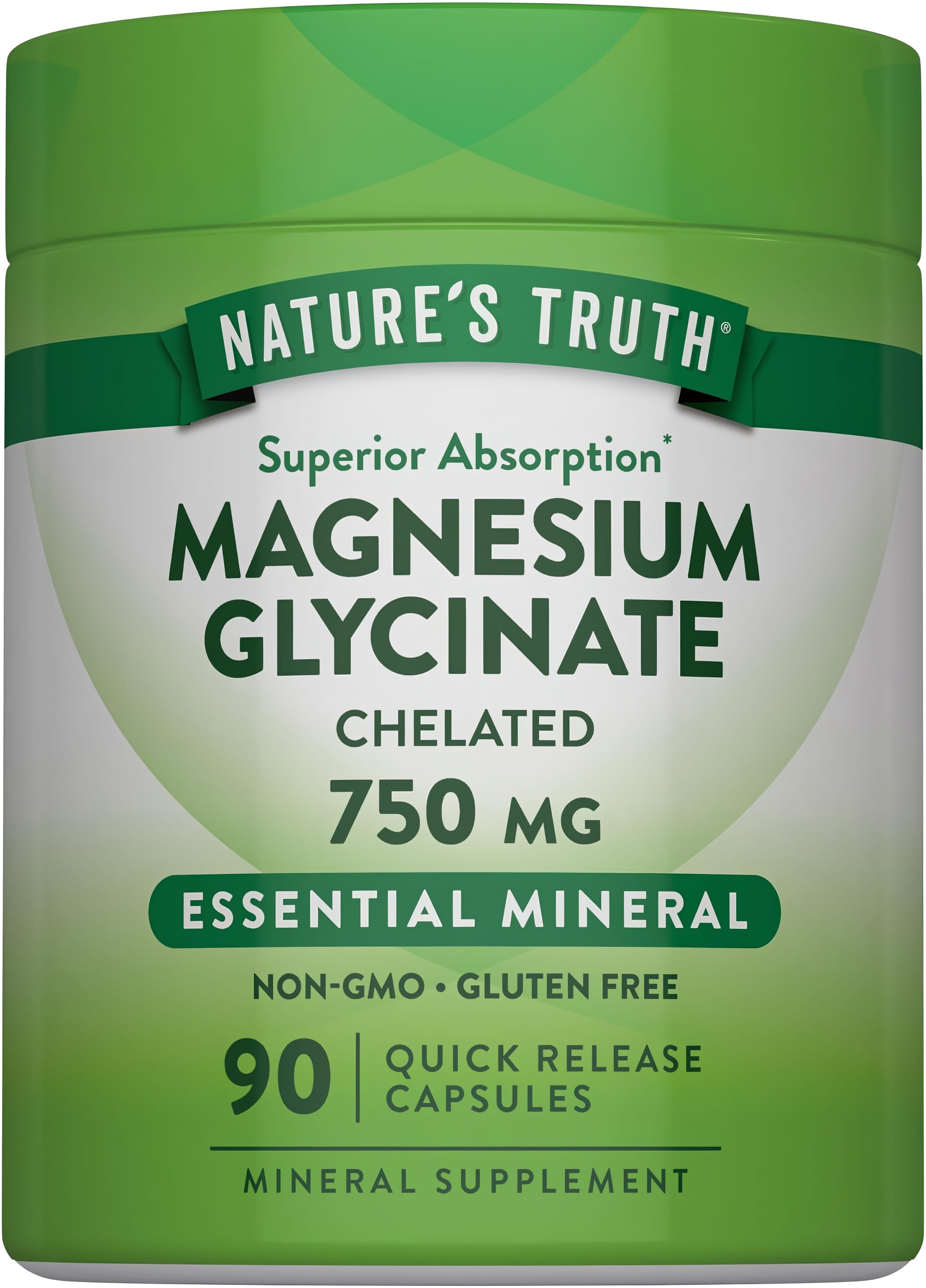 Nature's Truth Magnesium Glycinate, Chelated, 750 mg, 90 Quick Release Capsules. Non-GMO and Gluten Free.