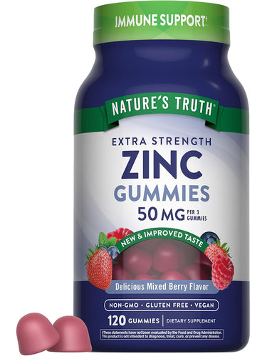 Nature's Truth Extra Strength Zinc Gummies, 50 mg per 3 gummies, Mixed Berry Flavor, 120 count, Non-GMO, Gluten Free, Vegan.