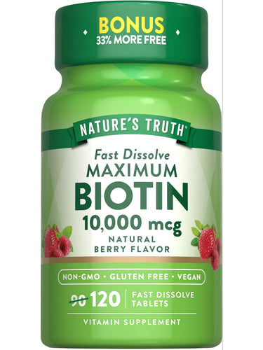 Nature's Truth Maximum Biotin 10,000 mcg, Natural Berry Flavor Fast Dissolve Tablets, 120 count, with 33% more free.