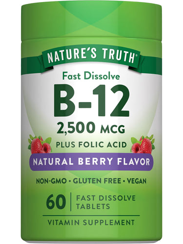 B-12 2,500 mcg Plus Folic Acid in natural berry flavor, 60 fast dissolve tablets. Non-GMO, gluten-free, and vegan.