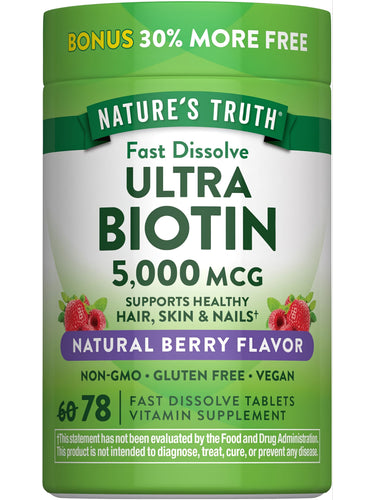 Nature's Truth Ultra Biotin 5,000 MCG with 78 fast dissolve tablets, plus 30% more free in natural berry flavor.