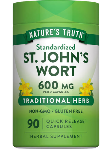 St. John's Wort capsules, 600 mg per 2 capsules, 90 count. Traditional herb, non-GMO, gluten-free, quick release formulation.