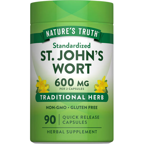 St. John's Wort capsules, 600 mg per 2 capsules, 90 count. Traditional herb, non-GMO, gluten-free, quick release formulation.