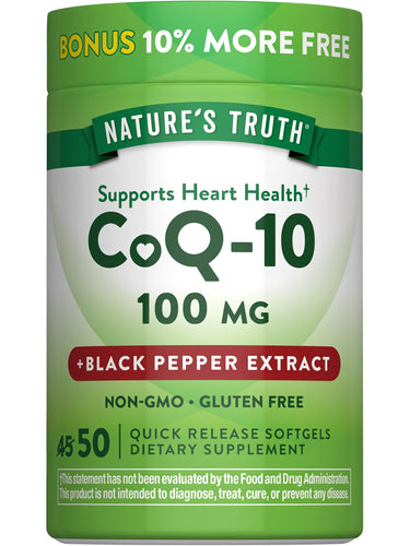 CoQ-10 100 mg with Black Pepper Extract, 50 Quick Release Softgels offers 10% more free. Non-GMO and gluten-free.