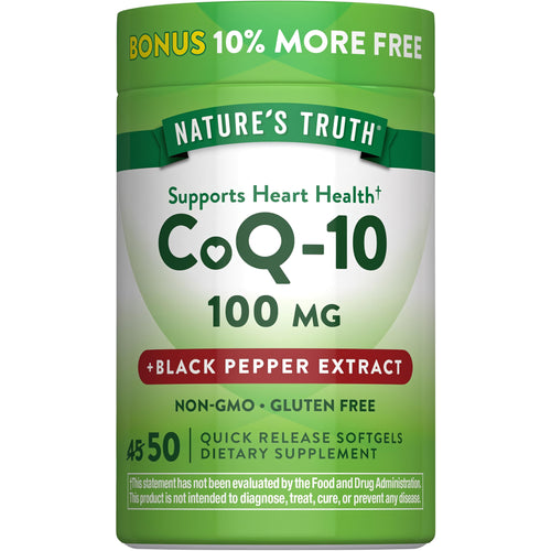 CoQ-10 100 mg with Black Pepper Extract, 50 Quick Release Softgels offers 10% more free. Non-GMO and gluten-free.
