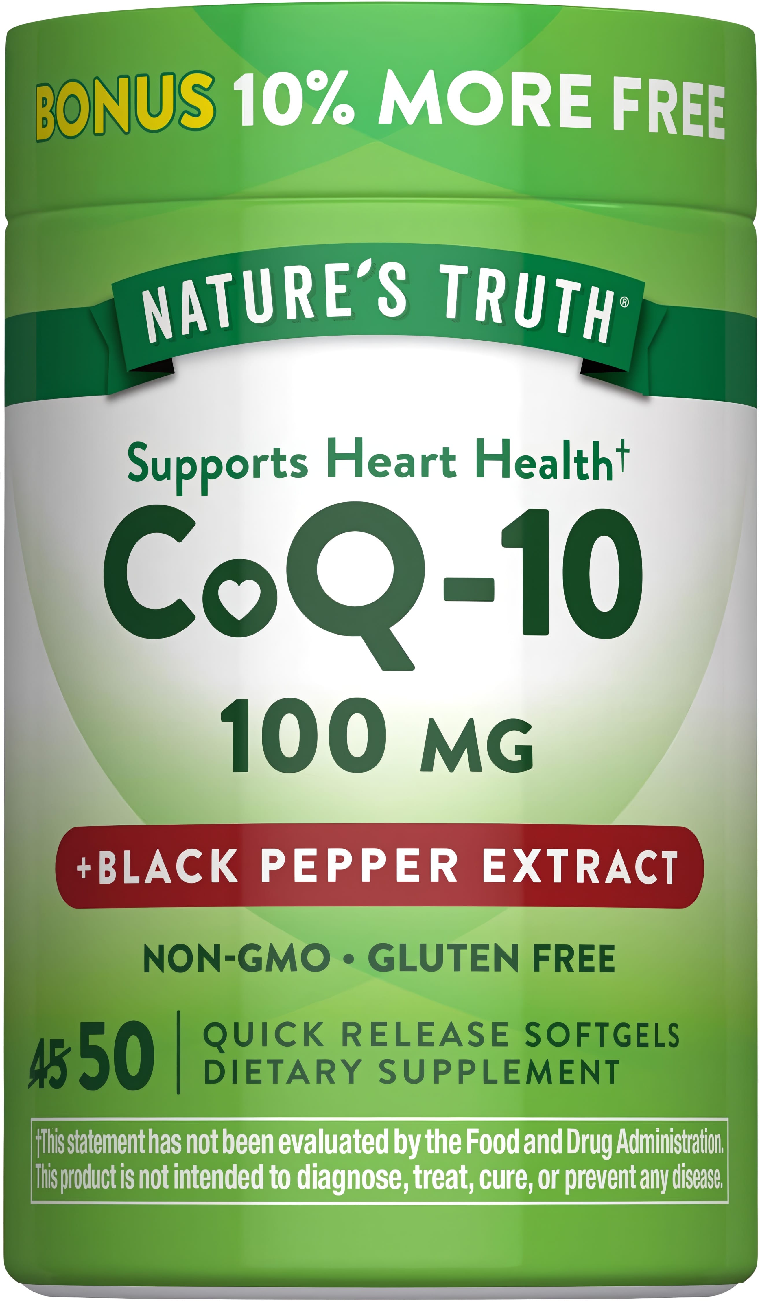 CoQ-10 100 mg with Black Pepper Extract, 50 Quick Release Softgels offers 10% more free. Non-GMO and gluten-free.
