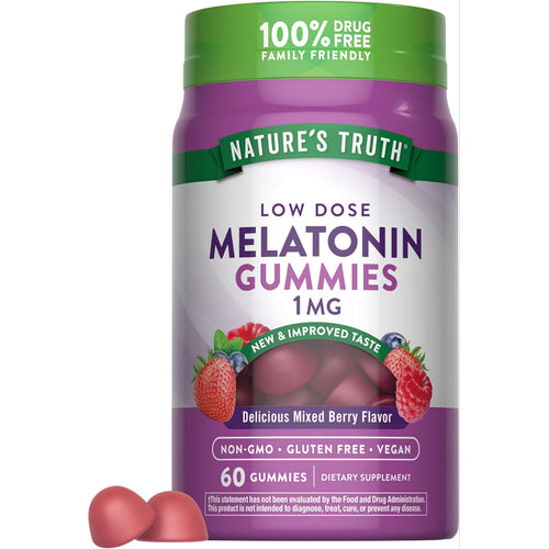 Nature's Truth Low Dose Melatonin Gummies 1 MG, 100% Drug Free, Non-GMO, Gluten Free, Vegan, Mixed Berry flavor, 60 Gummies.