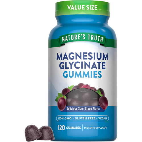 Magnesium Glycinate Gummies in sour grape flavor, 120 count. A non-GMO, gluten-free, vegan dietary supplement.