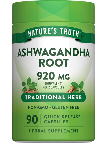 Ashwagandha Root 920 mg supplement with 90 quick-release capsules, herbal aid.
