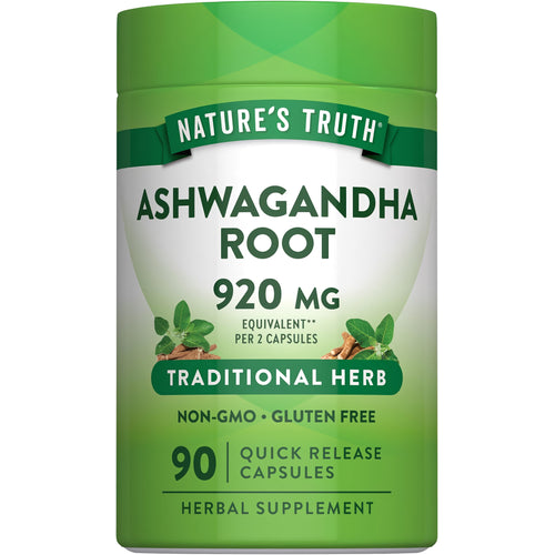 Ashwagandha Root 920 mg supplement with 90 quick-release capsules, herbal aid.
