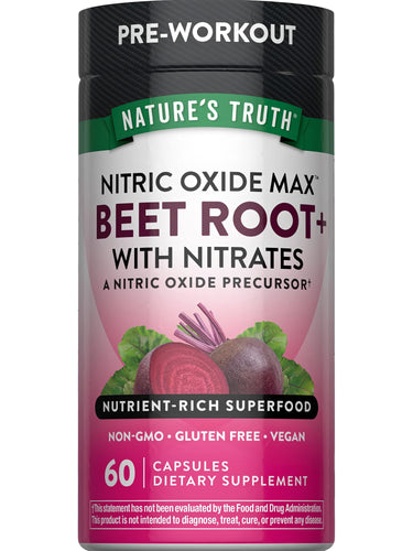 Pre-Workout Nitric Oxide Max Beet Root supplement with nitrates in 60 capsules.