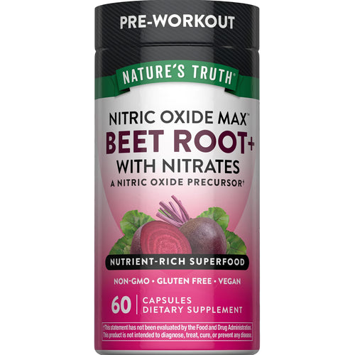 View 1 Pre-Workout Nitric Oxide Max Beet Root supplement with nitrates in 60 capsules.