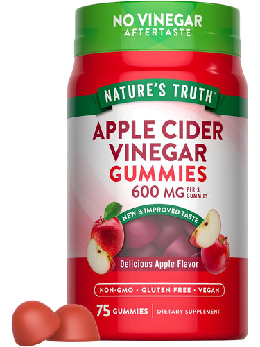 Apple Cider Vinegar Gummies with 600 mg per 3 gummies, 75 count. Non-GMO, gluten-free, and vegan.