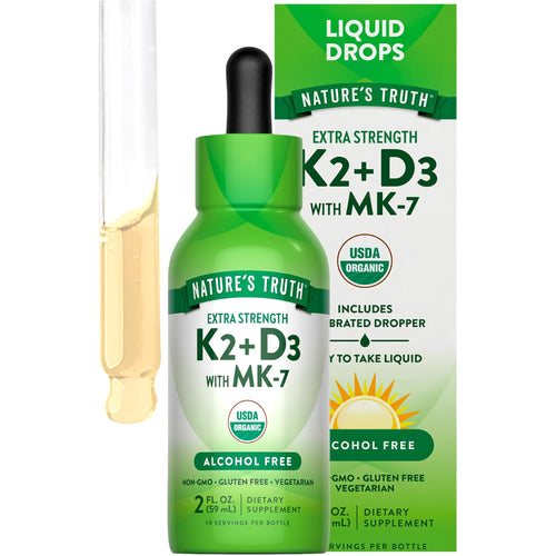 Nature's Truth Extra Strength K2+D3 Liquid Drops with MK-7, 2 fl. oz., in a labeled bottle.
