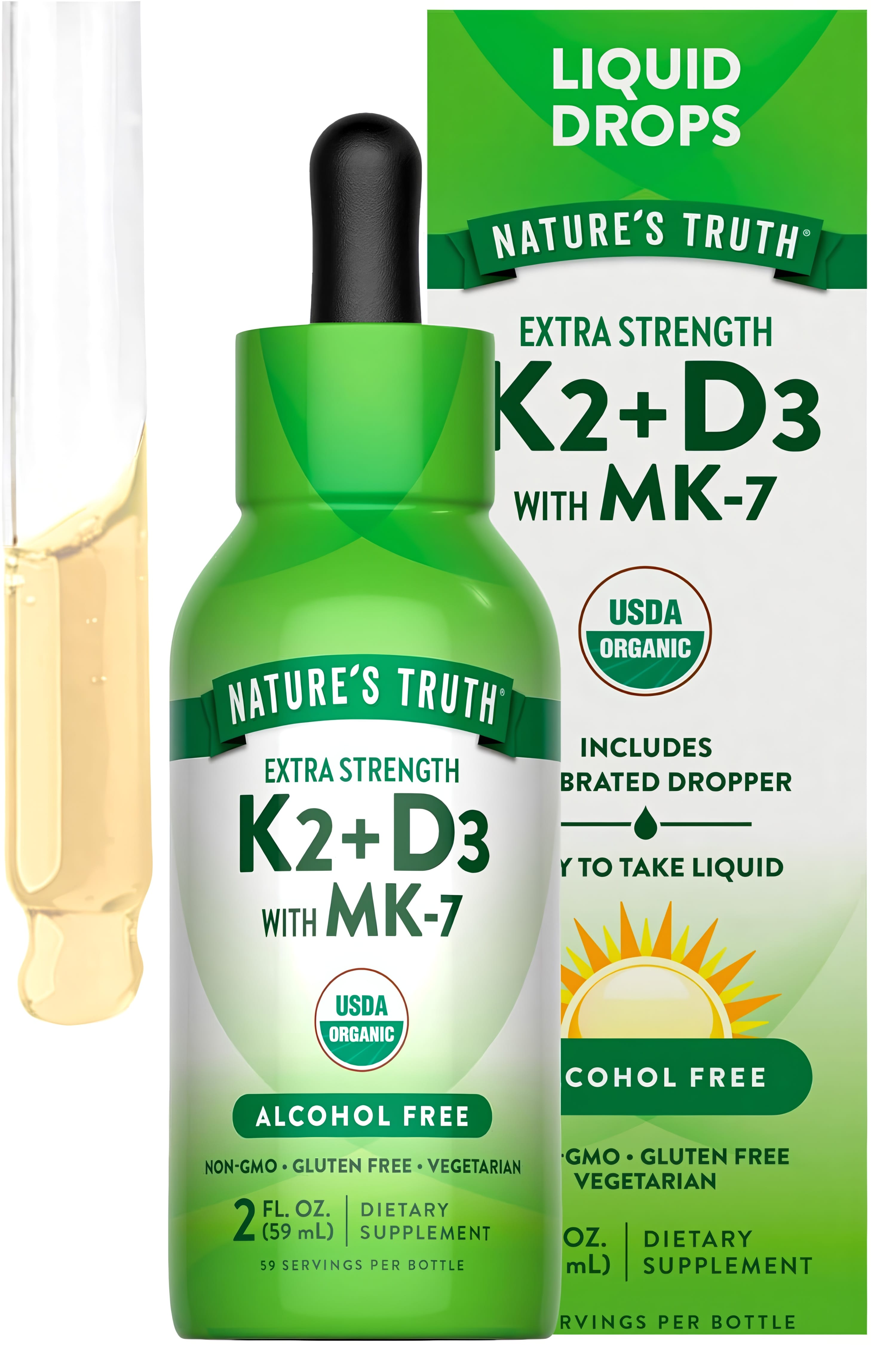 Nature's Truth Extra Strength K2+D3 Liquid Drops with MK-7, 2 fl. oz., in a labeled bottle.